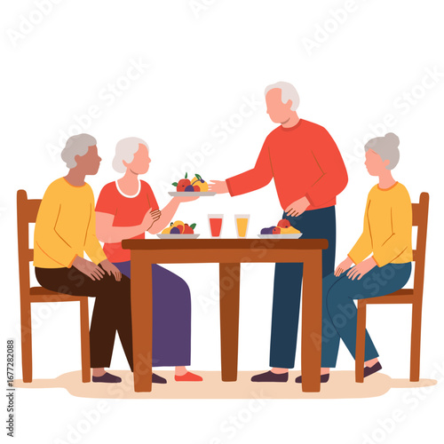 Elderly group sharing a meal. Seniors enjoying lunch together. Community dining among retirees. Warm gathering with old friends. Elderly set