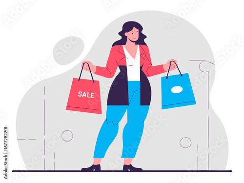 Smiling Woman Holding Shopping Bags After a Successful Shopping Trip During a Store Sale woman