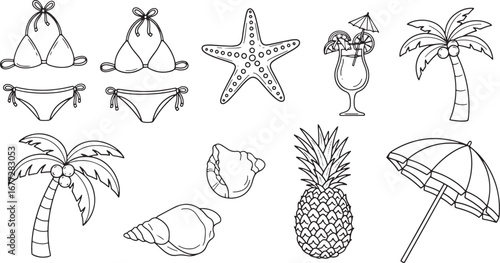 Summer Beach Vacation Line Art Palm Trees, Bikinis, & More