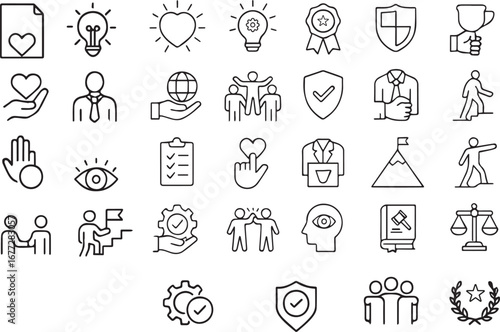 Core Values Line Icon Set, Editable Vector Icons for Innovation, Quality, Integrity, Teamwork, Responsibility, Ethics