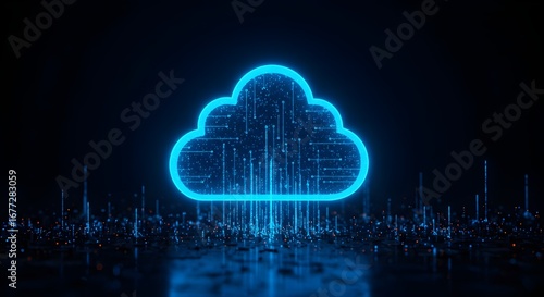 Futuristic glowing cloud computing symbol with digital data flow