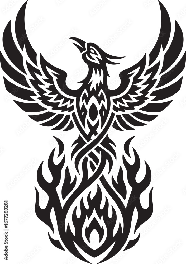 Fototapeta premium Mythical phoenix bird with spread wings rising from flames in a stylized tribal tattoo vector, symbolizing rebirth and new beginnings