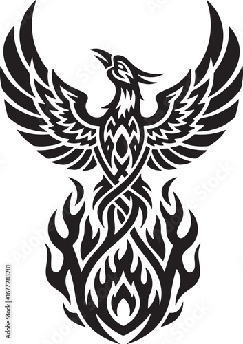 Mythical phoenix bird with spread wings rising from flames in a stylized tribal tattoo vector, symbolizing rebirth and new beginnings