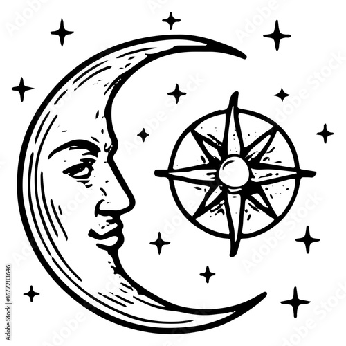 Mystical Crescent Moon with Compass Icon Design