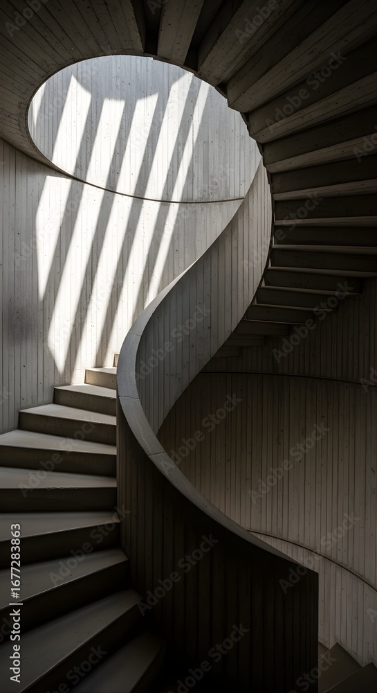 Fototapeta premium Spiral staircase with dramatic architectural lighting, highlighting raw concrete curves.