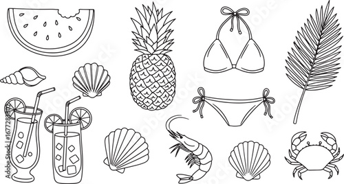 Hand-drawn vector collection of summer beach elements, including tropical fruit, seafood, and vacation items in a simple outline style