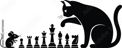 Vector Black silhouette of cat reaching for chess pieces with mouse nearby on white background game