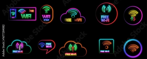 neon style.wireless and network vector line icons. Contains linear outline icons such as Connection, Signal, Internet, Telephone, Radio, Computer, Wifi, Communication, Antenna. Editable usage