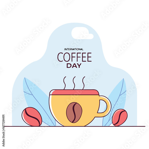 International Coffee Day illustration with a steaming yellow cup and coffee beans on a light blue background.
