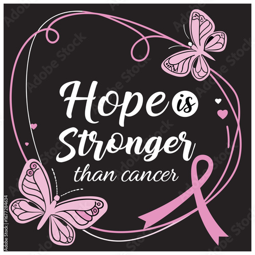 Pink ribbon, butterflies, and inspirational quote about hope being stronger than cancer.
