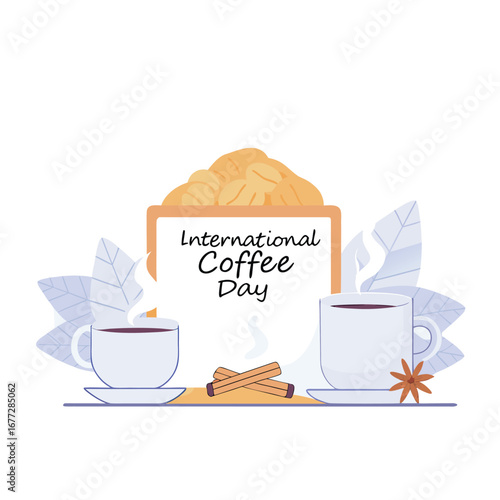 Illustration celebrating International Coffee Day with two steaming cups, coffee beans, cinnamon, and star anise on a white background.