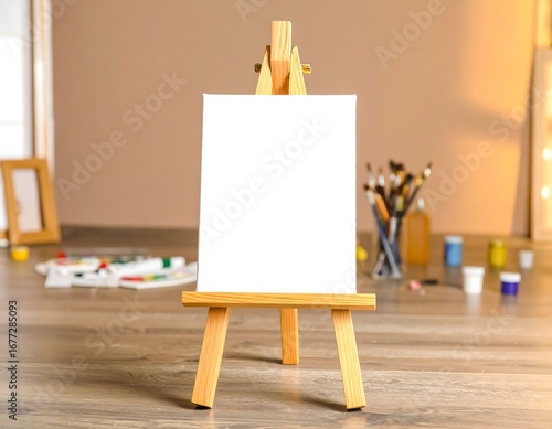 Blank canvas on easel in art studio (1)
