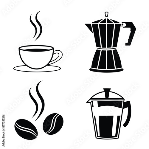 Coffee brewing methods: cup, moka pot, french press, beans.