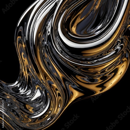 Abstract liquid metal flowing like mercury, reflective waves on black background