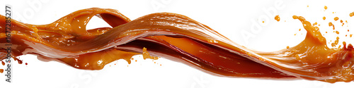  Wide Flowing Caramel Sauce Wave Splash with Glossy Texture, Side Perspective, Isolated on Transparent Background.png