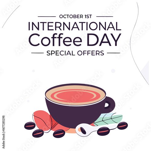 International Coffee Day Special Offers on October 1st, featuring a cup of coffee with beans and a spoon.