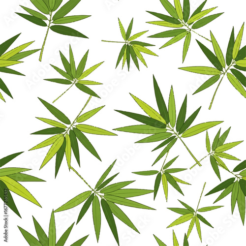 Seamless pattern of vibrant green bamboo leaves scattered across a clean white background, evoking a sense of natural tranquility and botanical elegance for various design applications