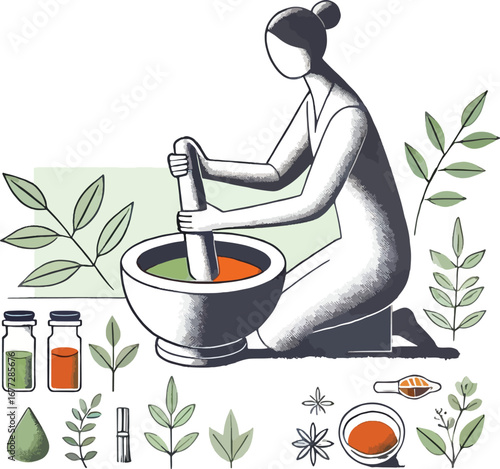 Woman Grinding Herbs in Mortar and Pestle Green Orange Botanical Illustration