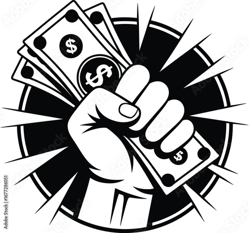 Fist Clutching Dollar Bills with Bursting Rays Graphic money finance vector