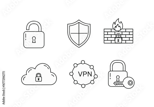 Collection of six white cybersecurity icons featuring locks shields firewalls vpn and cloud security concepts