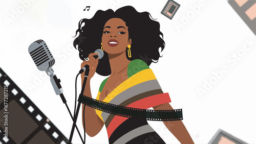 Dynamic Career Woman Design Template with Floating Elements Background Illustration