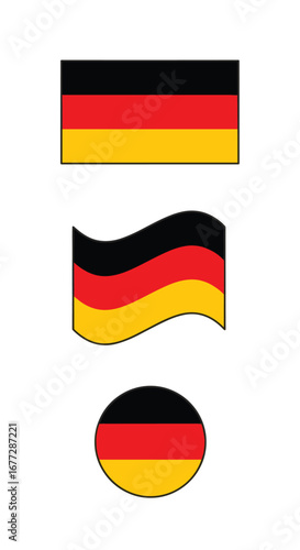 Three variations of the german national flag in different shapes representing unity and heritage