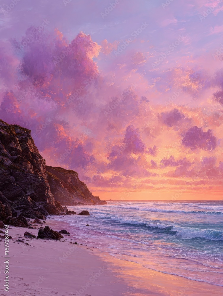 Obraz premium serene pink and orange sunset over coastal cliffs and sandy beach