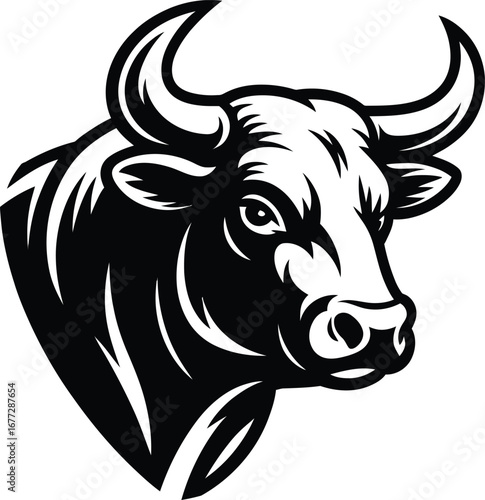Vector Black and White Illustration of a Fierce Bull Head with Large Horns animal livestock