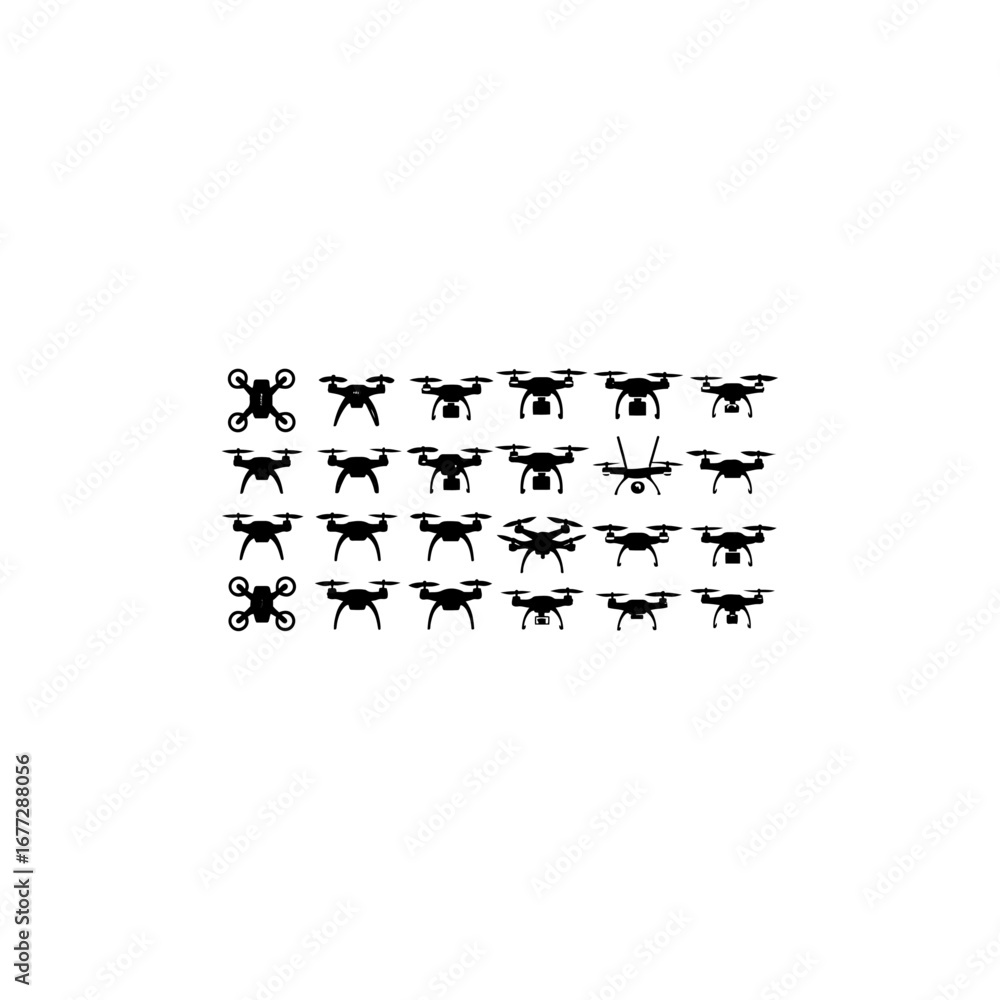 Fototapeta premium Drone silhouettes set, large pack of vector silhouette design, isolated white background 