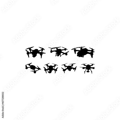 Drone silhouettes set, large pack of vector silhouette design, isolated white background 
