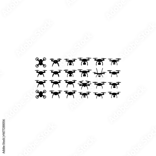 Drone silhouettes set, large pack of vector silhouette design, isolated white background 
