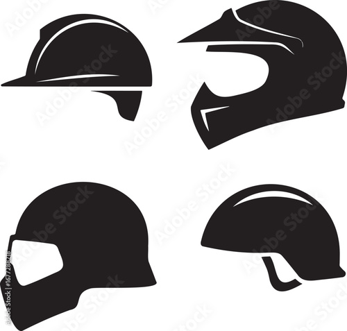 Set of Helmet Silhouettes in 2x2 Grid – Vector Icons of Safety, Motorcycle, Bicycle, and Sports Helmets on White Background
