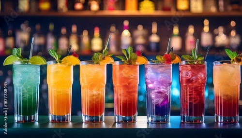 a row of colorful cocktails beautifully presented on a bar the drinks vary in color and garnish creating an enticing scene