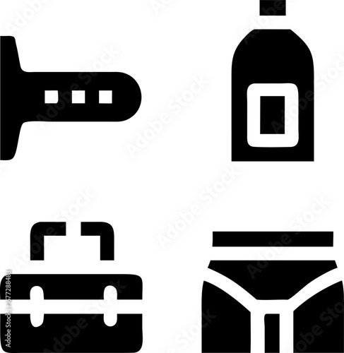 Essential travel icons packing for vacation showing luggage swimsuit toiletries and hairdryer illustration