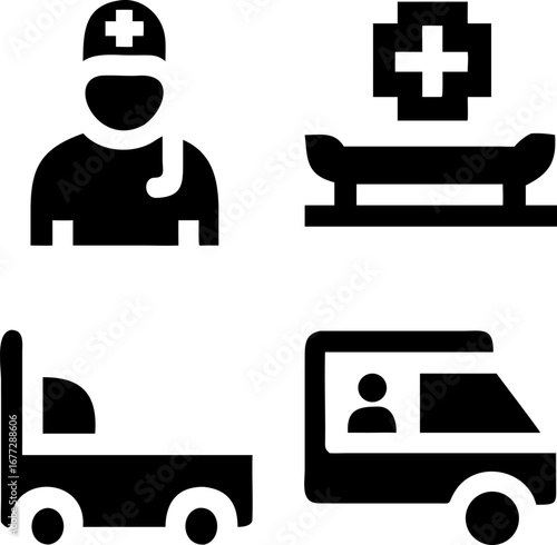 Essential medical icons featuring doctor, stretcher, hospital bed, and ambulance emergency vehicle