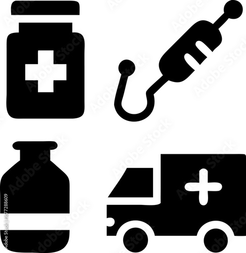 Emergency health icons showcase ambulance, medicine bottle, vial, and syringe for medical services