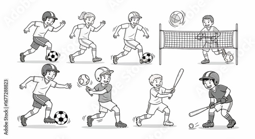 Illustrations of children playing soccer, volleyball, and baseball.