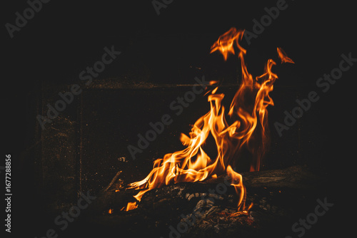 Bright orange flames rising from a wood vine barbecue fire, glowing and crackling with natural warmth