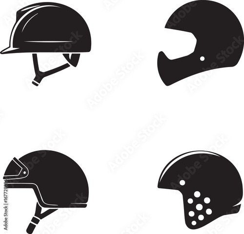 Set of Helmet Silhouettes in 2x2 Grid – Vector Icons of Safety, Motorcycle, Bicycle, and Sports Helmets on White Background