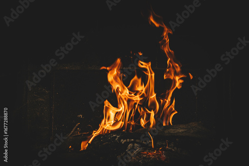 Bright orange flames rising from a wood vine barbecue fire, glowing and crackling with natural warmth