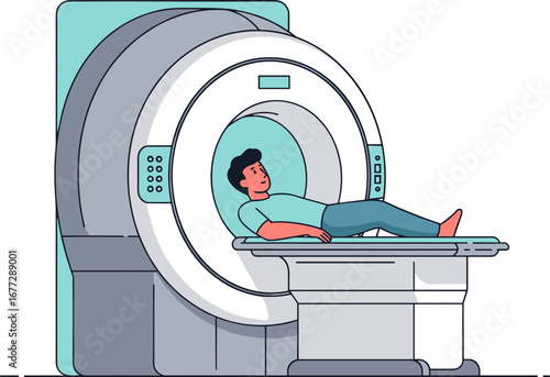 Man lying on MRI machine during medical examination in clinic  