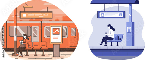 Commuters waiting at train station with seats and advertising posters  