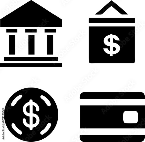 Financial icons symbolize banking, currency, shopping, and credit payments, representing money matters