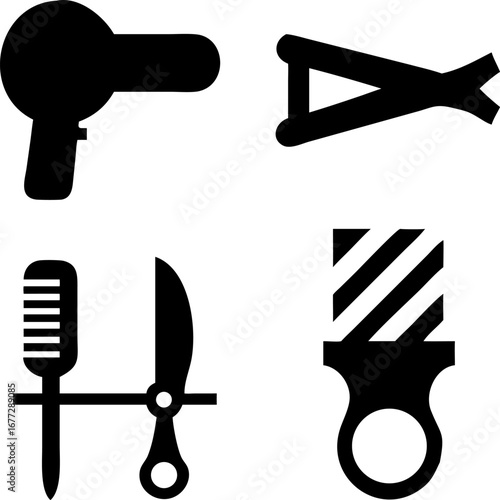 Essential barber shop tools collection, hair styling equipment icons, modern salon services symbol set