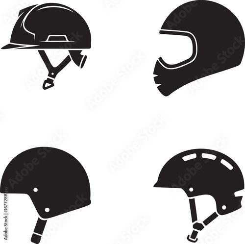 Set of Helmet Silhouettes in 2x2 Grid – Vector Icons of Safety, Motorcycle, Bicycle, and Sports Helmets on White Background