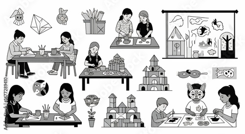 Children engaged in various creative activities, including drawing, building, and crafting together.