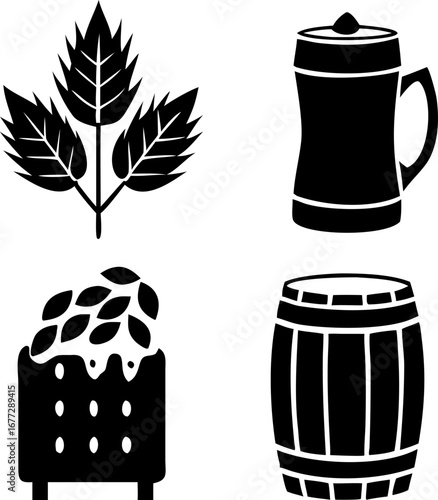 Craft beer brewing elements, hops leaves, wooden barrel and beer mug, Oktoberfest celebration graphic