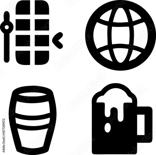 Craft beer brewing icons for global beer celebration, hop harvest, barrel aged beer and fresh beer