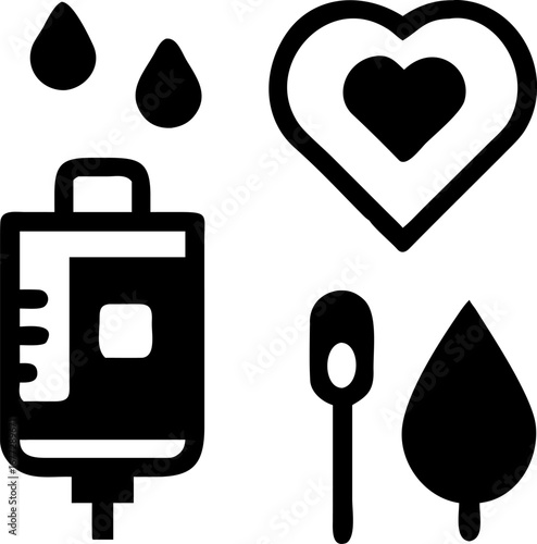 Medical infusion bag and heart symbol with drops and spoon icons representing healthcare and wellness.