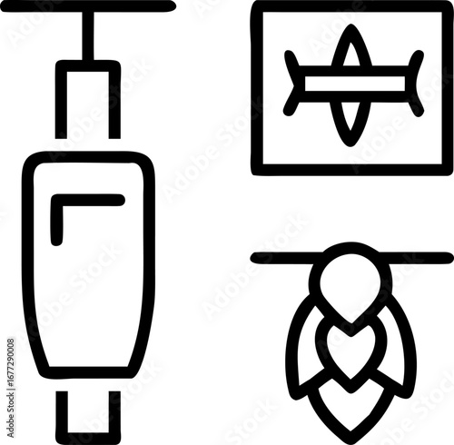 Brewing icons: beer tap, hops, and airplane for travel or beverage industry